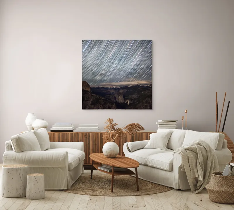 Tablou Canvas, "Stelele dansează deasupra munților tăcuți", Căile, Stelare, Strălucesc, Ceruri, Munți, Panorama, Nocturnă, Magnifică, Timp, Expunere, 100 x 100 cm – poza 3