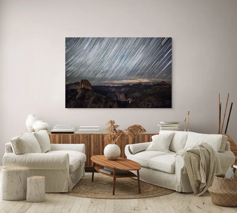 Tablou Canvas, "Stelele dansează deasupra munților tăcuți", Căile, Stelare, Strălucesc, Ceruri, Munți, Panorama, Nocturnă, Magnifică, Timp, Expunere, 150 x 100 cm – poza 3