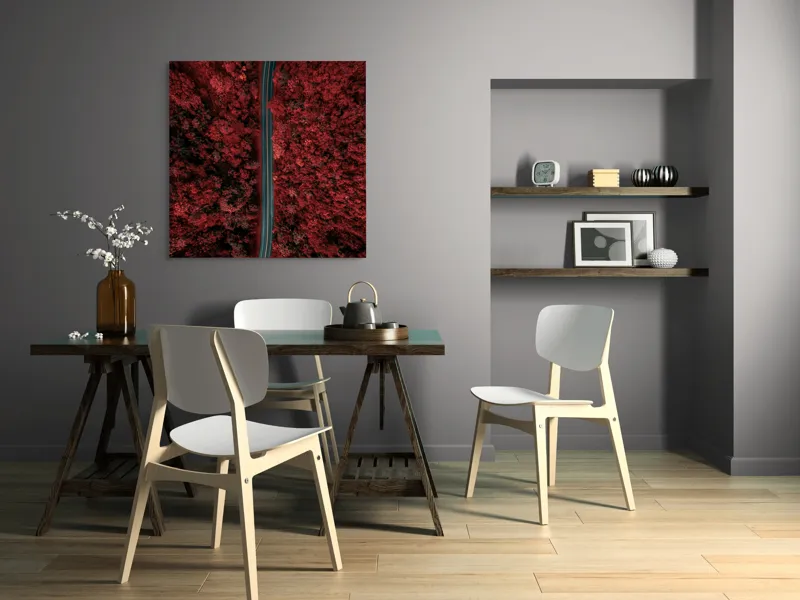 Tablou Canvas, "Drumul singuratic prin pădurea roșie", Drum, Roșu, Pădure, Aerian, Peisaj, Contrast, Natură, Cale, Curbe, Mister, 100 x 100 cm – poza 6