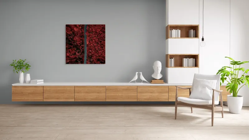 Tablou Canvas, "Drumul singuratic prin pădurea roșie", Drum, Roșu, Pădure, Aerian, Peisaj, Contrast, Natură, Cale, Curbe, Mister, 100 x 100 cm – poza 8