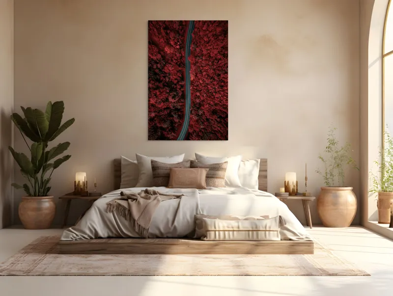 Tablou Canvas, "Drumul singuratic prin pădurea roșie", Drum, Roșu, Pădure, Aerian, Peisaj, Contrast, Natură, Cale, Curbe, Mister, 100 x 150 cm – poza 3