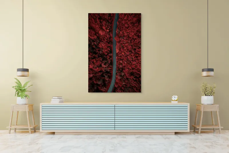 Tablou Canvas, "Drumul singuratic prin pădurea roșie", Drum, Roșu, Pădure, Aerian, Peisaj, Contrast, Natură, Cale, Curbe, Mister, 100 x 150 cm – poza 4