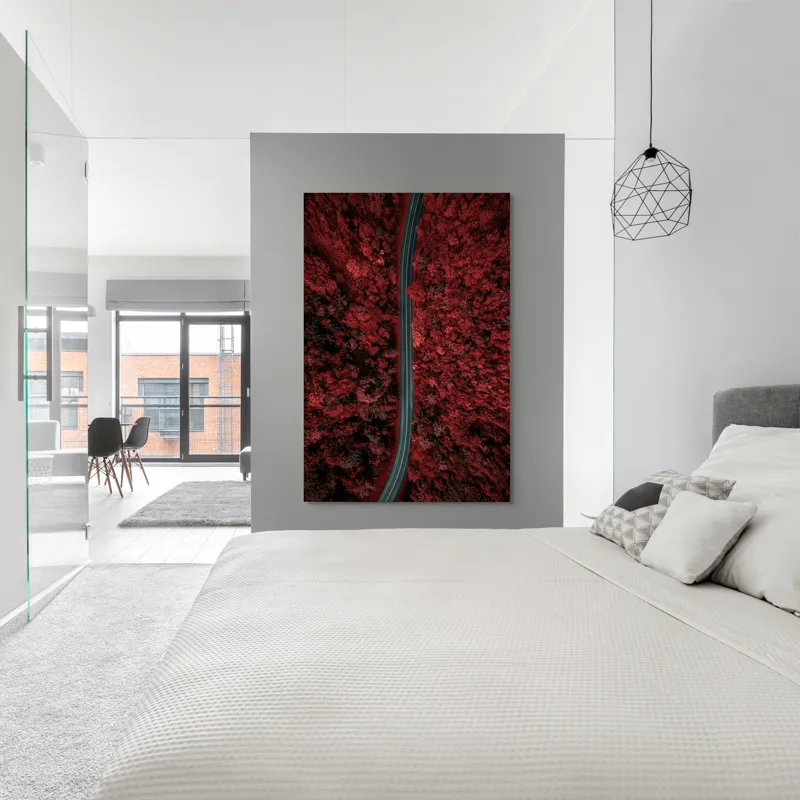 Tablou Canvas, "Drumul singuratic prin pădurea roșie", Drum, Roșu, Pădure, Aerian, Peisaj, Contrast, Natură, Cale, Curbe, Mister, 100 x 150 cm – poza 5