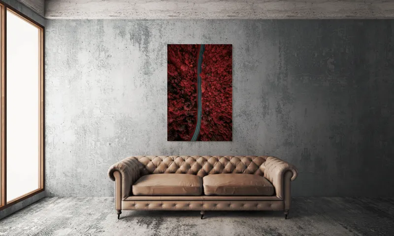 Tablou Canvas, "Drumul singuratic prin pădurea roșie", Drum, Roșu, Pădure, Aerian, Peisaj, Contrast, Natură, Cale, Curbe, Mister, 100 x 150 cm – poza 6