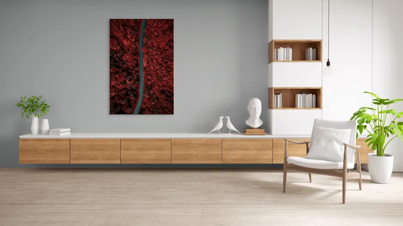 Tablou Canvas, "Drumul singuratic prin pădurea roșie", Drum, Roșu, Pădure, Aerian, Peisaj, Contrast, Natură, Cale, Curbe, Mister, 100 x 150 cm – poza 8