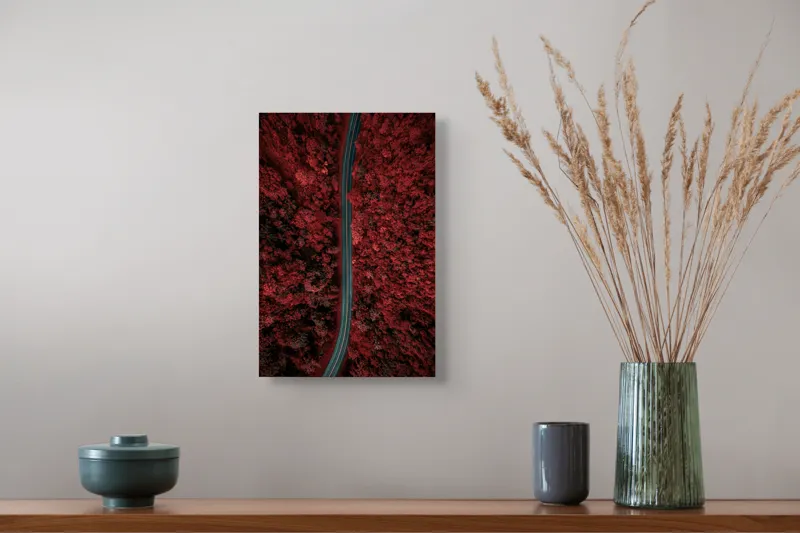 Tablou Canvas, "Drumul singuratic prin pădurea roșie", Drum, Roșu, Pădure, Aerian, Peisaj, Contrast, Natură, Cale, Curbe, Mister, 26 x 39 cm – poza 5