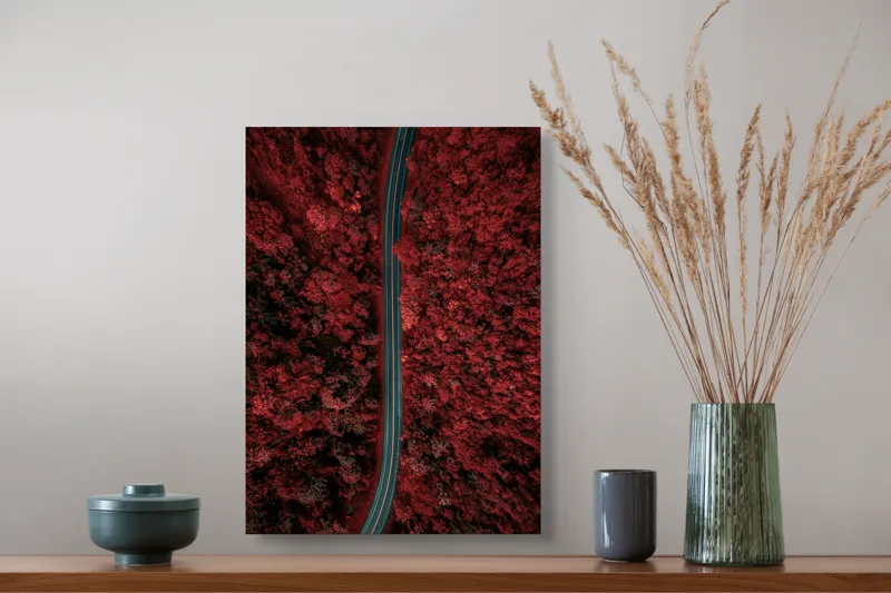 Tablou Canvas, "Drumul singuratic prin pădurea roșie", Drum, Roșu, Pădure, Aerian, Peisaj, Contrast, Natură, Cale, Curbe, Mister, 39 x 54 cm – poza 3