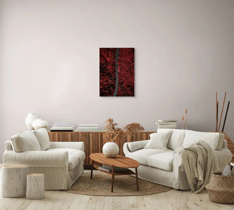 Tablou Canvas, "Drumul singuratic prin pădurea roșie", Drum, Roșu, Pădure, Aerian, Peisaj, Contrast, Natură, Cale, Curbe, Mister, 50 x 70 cm – poza 4