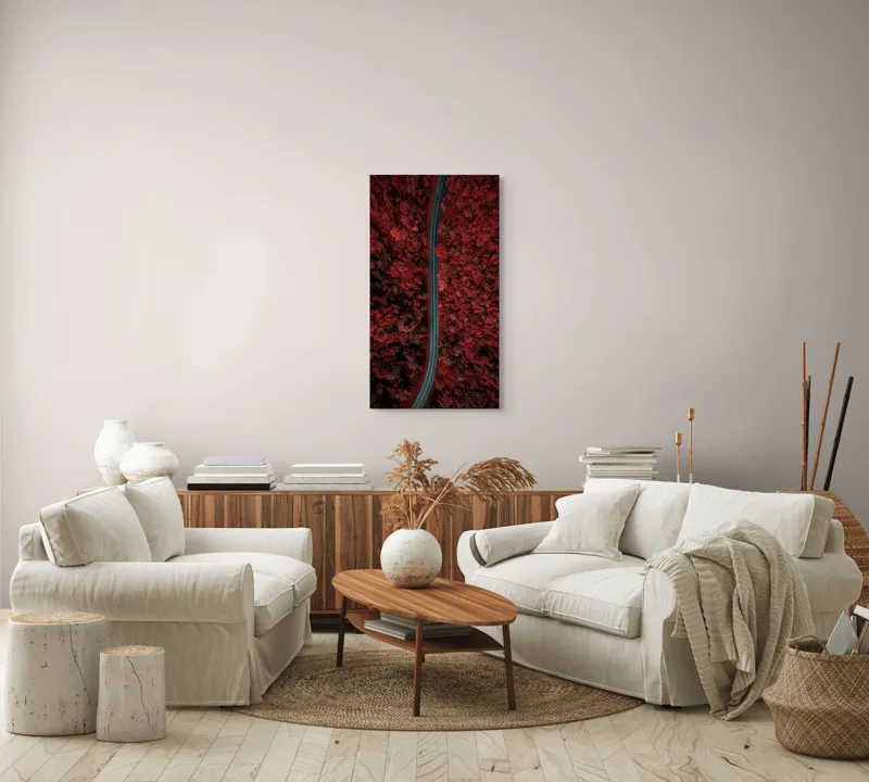Tablou Canvas, "Drumul singuratic prin pădurea roșie", Drum, Roșu, Pădure, Aerian, Peisaj, Contrast, Natură, Cale, Curbe, Mister, 50 x 90 cm – poza 7