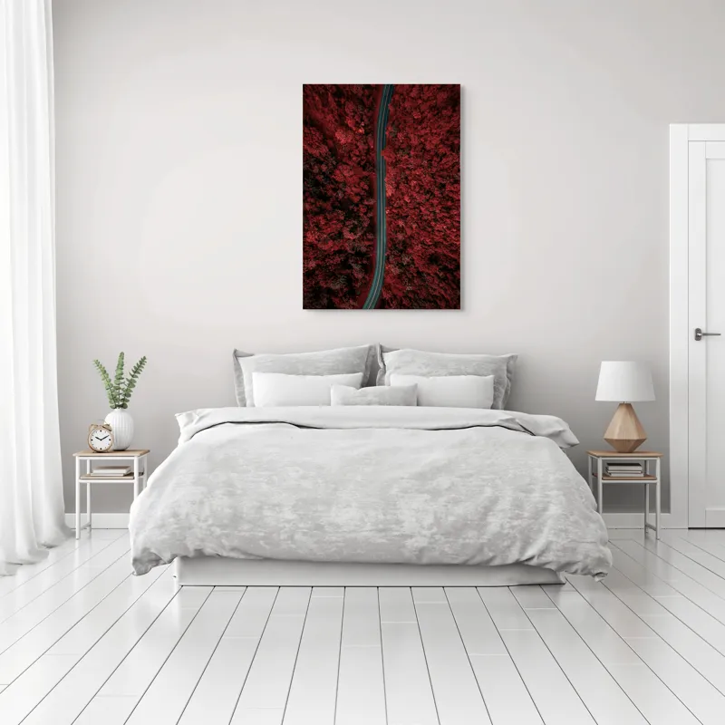 Tablou Canvas, "Drumul singuratic prin pădurea roșie", Drum, Roșu, Pădure, Aerian, Peisaj, Contrast, Natură, Cale, Curbe, Mister, 70 x 100 cm – poza 3