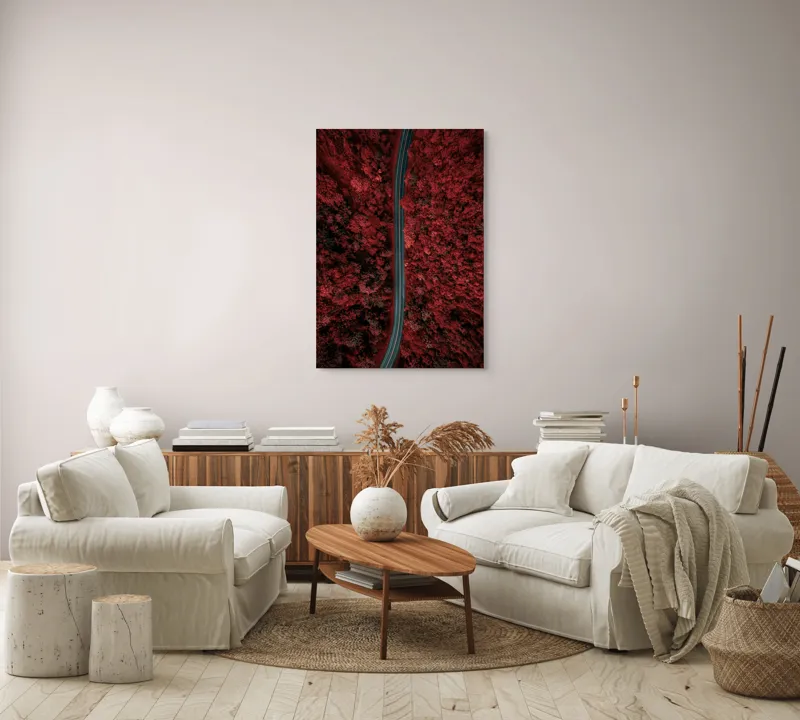 Tablou Canvas, "Drumul singuratic prin pădurea roșie", Drum, Roșu, Pădure, Aerian, Peisaj, Contrast, Natură, Cale, Curbe, Mister, 70 x 100 cm – poza 4