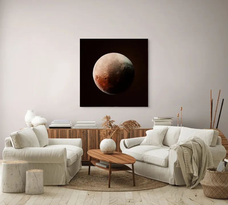 Tablou Canvas, "Planeta misterioasă în penumbră cosmică", Mister, Planeta, Umbră, Textură, Maro, Albastru, Lumină, Cerc, Misterios, 100 x 100 cm – poza 3