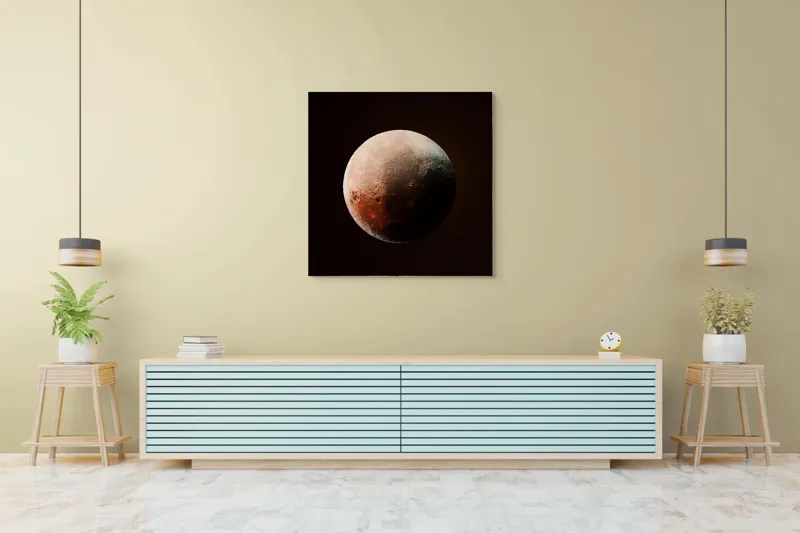Tablou Canvas, "Planeta misterioasă în penumbră cosmică", Mister, Planeta, Umbră, Textură, Maro, Albastru, Lumină, Cerc, Misterios, 100 x 100 cm – poza 5
