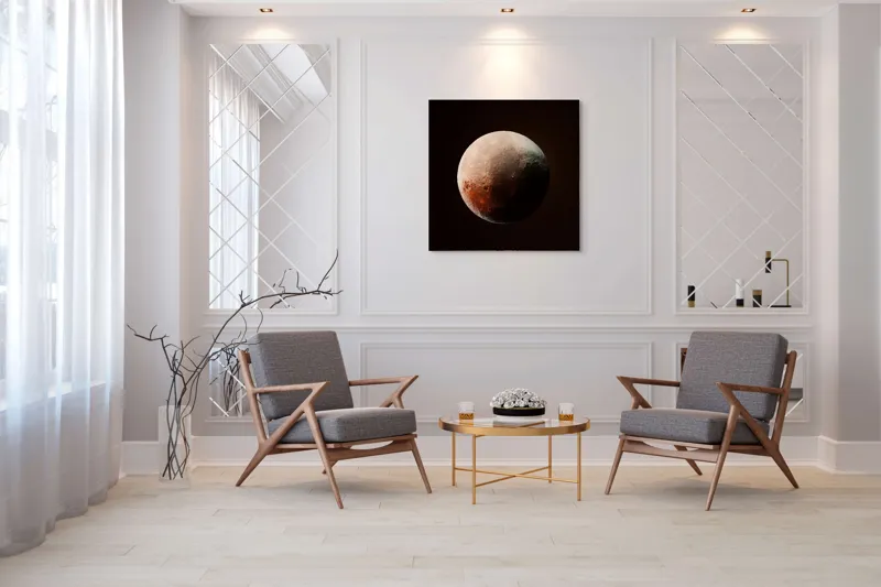 Tablou Canvas, "Planeta misterioasă în penumbră cosmică", Mister, Planeta, Umbră, Textură, Maro, Albastru, Lumină, Cerc, Misterios, 100 x 100 cm – poza 7