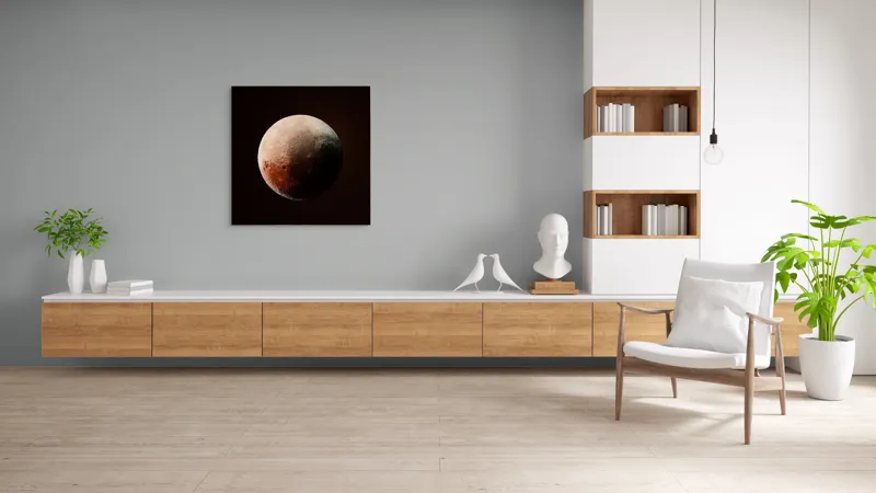 Tablou Canvas, "Planeta misterioasă în penumbră cosmică", Mister, Planeta, Umbră, Textură, Maro, Albastru, Lumină, Cerc, Misterios, 100 x 100 cm – poza 8