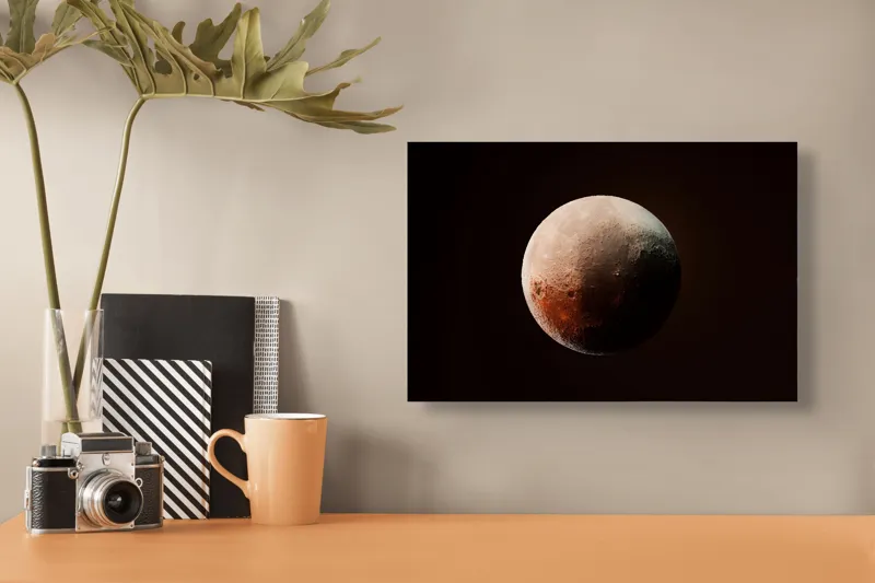 Tablou Canvas, "Planeta misterioasă în penumbră cosmică", Mister, Planeta, Umbră, Textură, Maro, Albastru, Lumină, Cerc, Misterios, 39 x 26 cm – poza 3