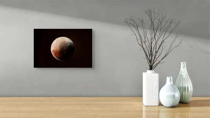 Tablou Canvas, "Planeta misterioasă în penumbră cosmică", Mister, Planeta, Umbră, Textură, Maro, Albastru, Lumină, Cerc, Misterios, 39 x 26 cm – poza 8