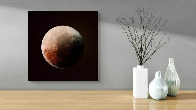 Tablou Canvas, "Planeta misterioasă în penumbră cosmică", Mister, Planeta, Umbră, Textură, Maro, Albastru, Lumină, Cerc, Misterios, 50 x 50 cm – poza 3