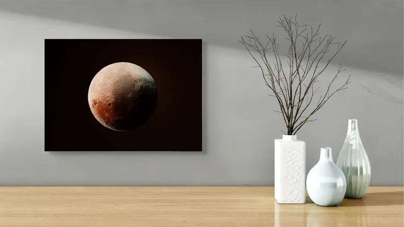 Tablou Canvas, "Planeta misterioasă în penumbră cosmică", Mister, Planeta, Umbră, Textură, Maro, Albastru, Lumină, Cerc, Misterios, 54 x 39 cm – poza 3