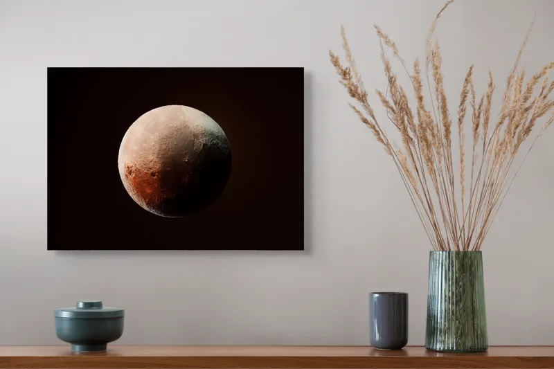 Tablou Canvas, "Planeta misterioasă în penumbră cosmică", Mister, Planeta, Umbră, Textură, Maro, Albastru, Lumină, Cerc, Misterios, 54 x 39 cm – poza 4
