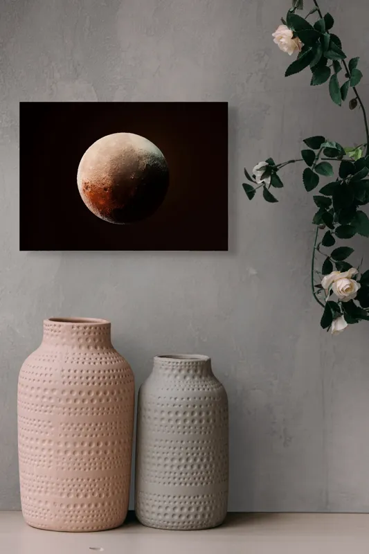 Tablou Canvas, "Planeta misterioasă în penumbră cosmică", Mister, Planeta, Umbră, Textură, Maro, Albastru, Lumină, Cerc, Misterios, 54 x 39 cm – poza 8