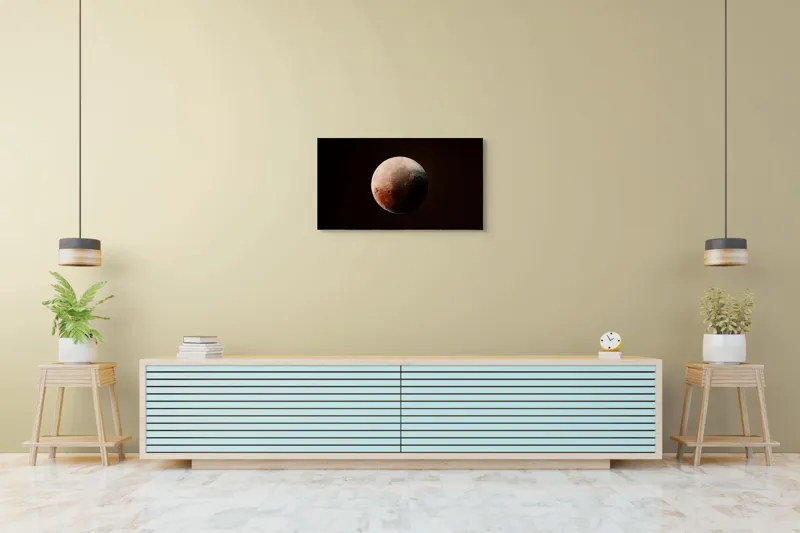 Tablou Canvas, "Planeta misterioasă în penumbră cosmică", Mister, Planeta, Umbră, Textură, Maro, Albastru, Lumină, Cerc, Misterios, 90 x 50 cm – poza 5