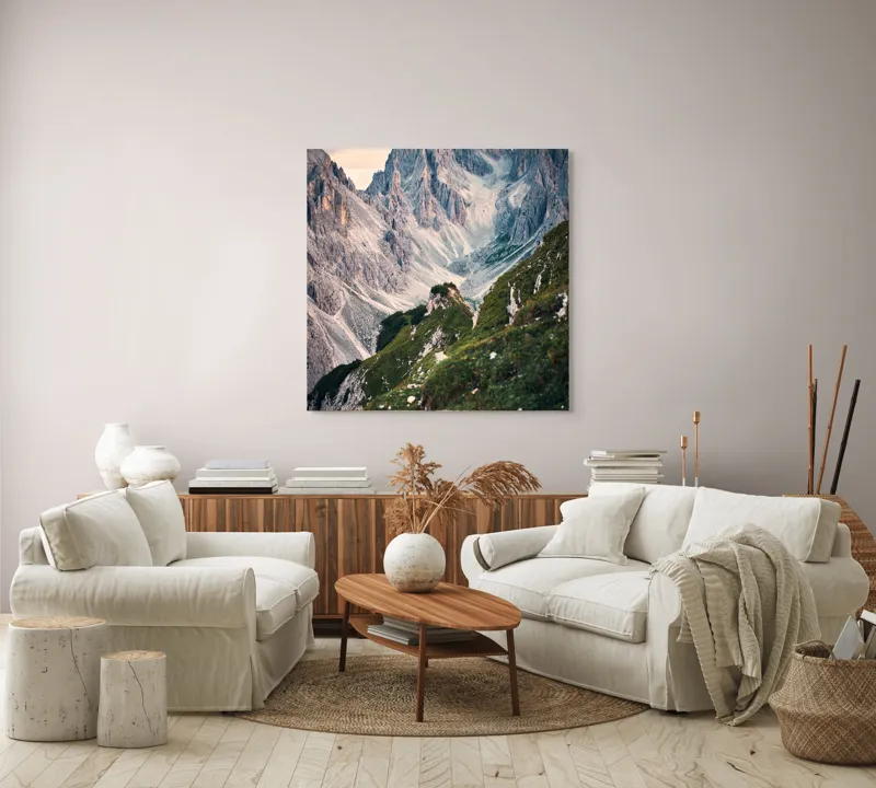 Tablou Canvas, "Munții învăluiți în lumina apusului", Majestic, Rugged, Towering, Serene, Verdant, Picturesque, Stark, Breathtaking, 100 x 100 cm – poza 3