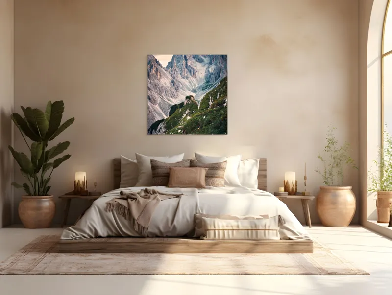 Tablou Canvas, "Munții învăluiți în lumina apusului", Majestic, Rugged, Towering, Serene, Verdant, Picturesque, Stark, Breathtaking, 100 x 100 cm – poza 4