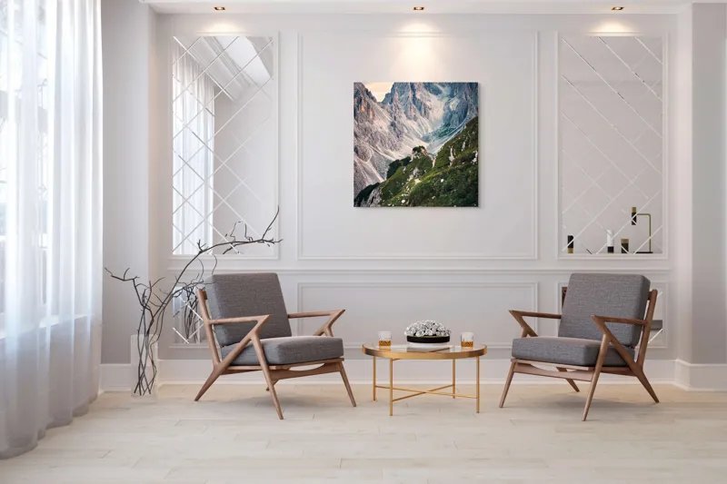 Tablou Canvas, "Munții învăluiți în lumina apusului", Majestic, Rugged, Towering, Serene, Verdant, Picturesque, Stark, Breathtaking, 100 x 100 cm – poza 7