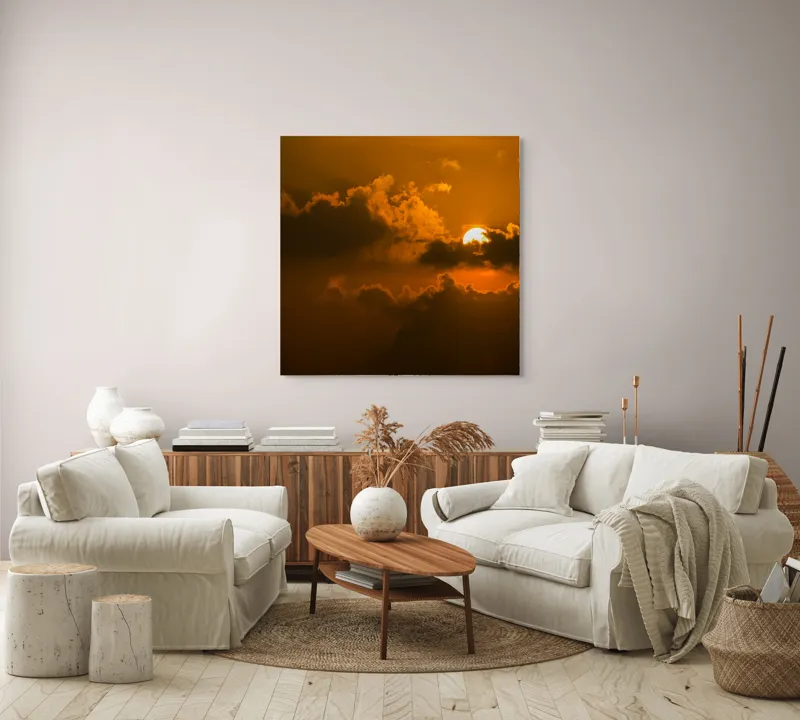 Tablou Canvas, "Soarele ascuns printre nori aurii", Soare, Apus, Nori, Cer, Portocaliu, Umbre, Lumină, Strălucire, Oglindire, Natură, 100 x 100 cm – poza 3