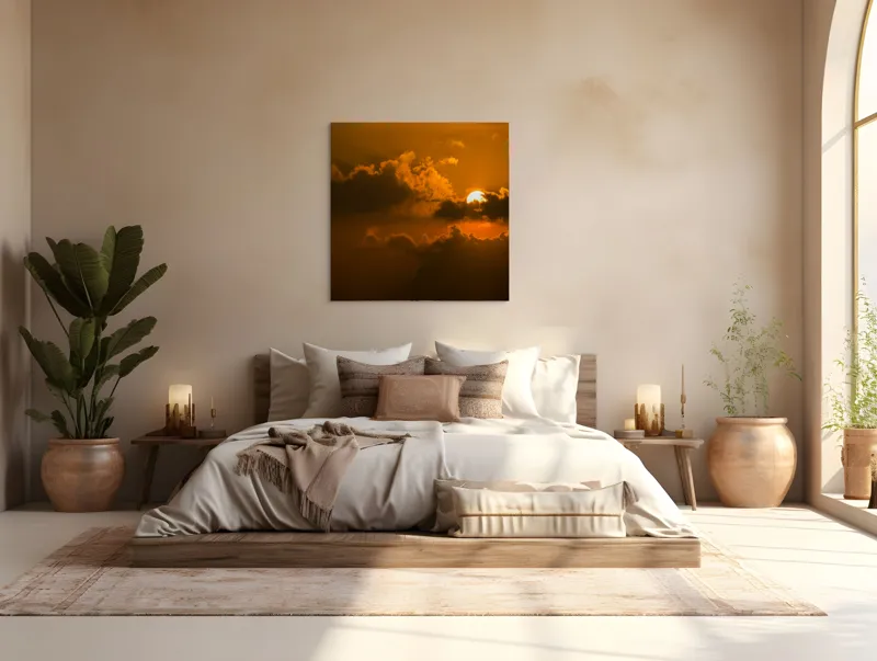 Tablou Canvas, "Soarele ascuns printre nori aurii", Soare, Apus, Nori, Cer, Portocaliu, Umbre, Lumină, Strălucire, Oglindire, Natură, 100 x 100 cm – poza 4