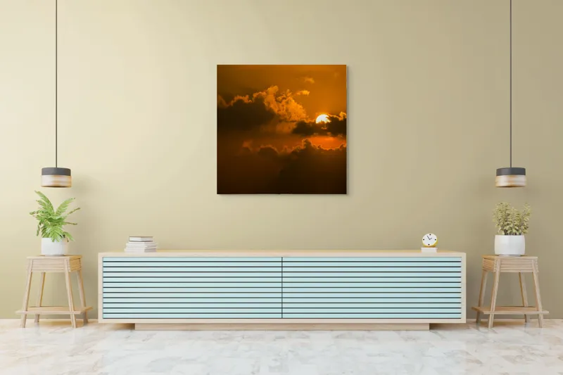 Tablou Canvas, "Soarele ascuns printre nori aurii", Soare, Apus, Nori, Cer, Portocaliu, Umbre, Lumină, Strălucire, Oglindire, Natură, 100 x 100 cm – poza 5