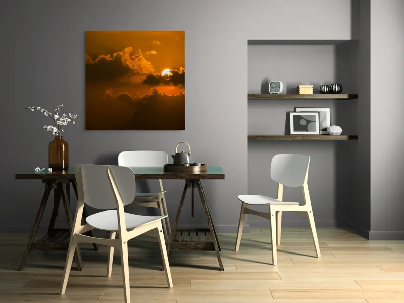 Tablou Canvas, "Soarele ascuns printre nori aurii", Soare, Apus, Nori, Cer, Portocaliu, Umbre, Lumină, Strălucire, Oglindire, Natură, 100 x 100 cm – poza 6