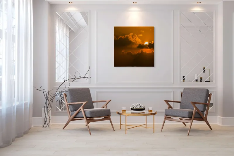 Tablou Canvas, "Soarele ascuns printre nori aurii", Soare, Apus, Nori, Cer, Portocaliu, Umbre, Lumină, Strălucire, Oglindire, Natură, 100 x 100 cm – poza 7