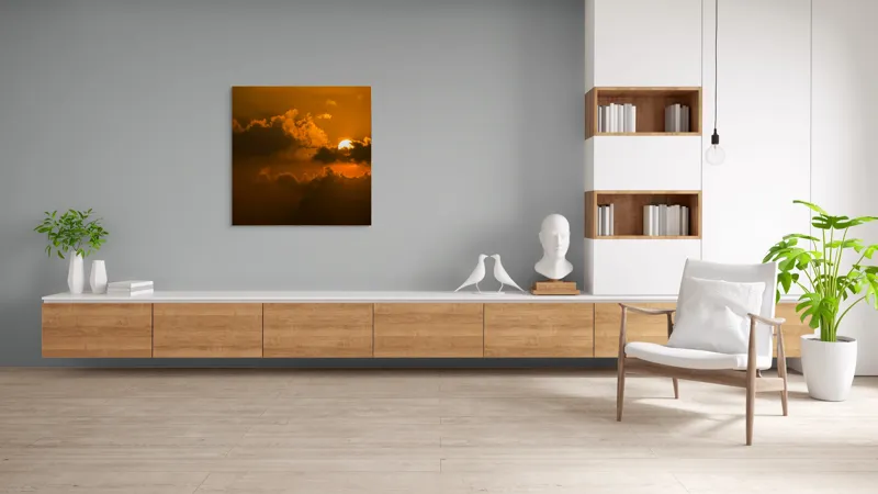 Tablou Canvas, "Soarele ascuns printre nori aurii", Soare, Apus, Nori, Cer, Portocaliu, Umbre, Lumină, Strălucire, Oglindire, Natură, 100 x 100 cm – poza 8