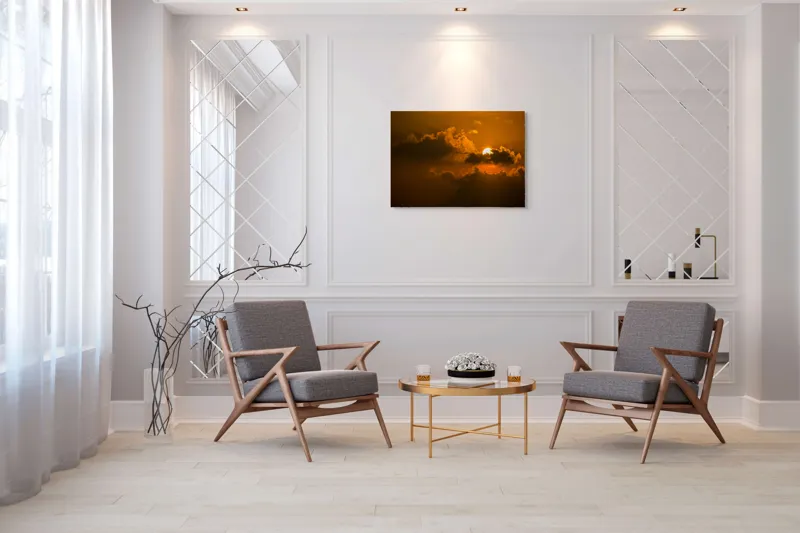 Tablou Canvas, "Soarele ascuns printre nori aurii", Soare, Apus, Nori, Cer, Portocaliu, Umbre, Lumină, Strălucire, Oglindire, Natură, 100 x 70 cm – poza 5