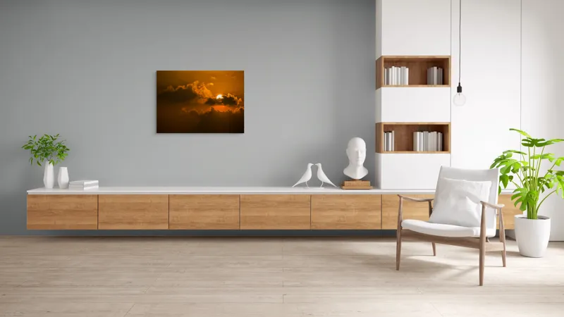 Tablou Canvas, "Soarele ascuns printre nori aurii", Soare, Apus, Nori, Cer, Portocaliu, Umbre, Lumină, Strălucire, Oglindire, Natură, 100 x 70 cm – poza 6
