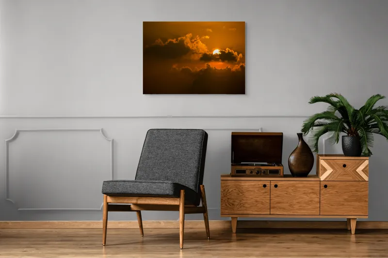 Tablou Canvas, "Soarele ascuns printre nori aurii", Soare, Apus, Nori, Cer, Portocaliu, Umbre, Lumină, Strălucire, Oglindire, Natură, 100 x 70 cm – poza 8