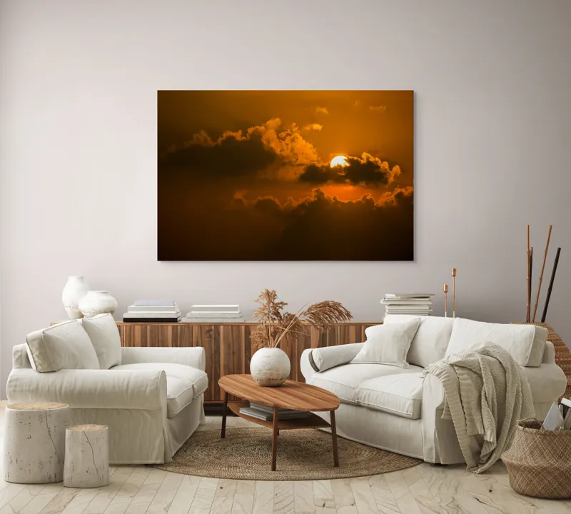 Tablou Canvas, "Soarele ascuns printre nori aurii", Soare, Apus, Nori, Cer, Portocaliu, Umbre, Lumină, Strălucire, Oglindire, Natură, 150 x 100 cm – poza 3