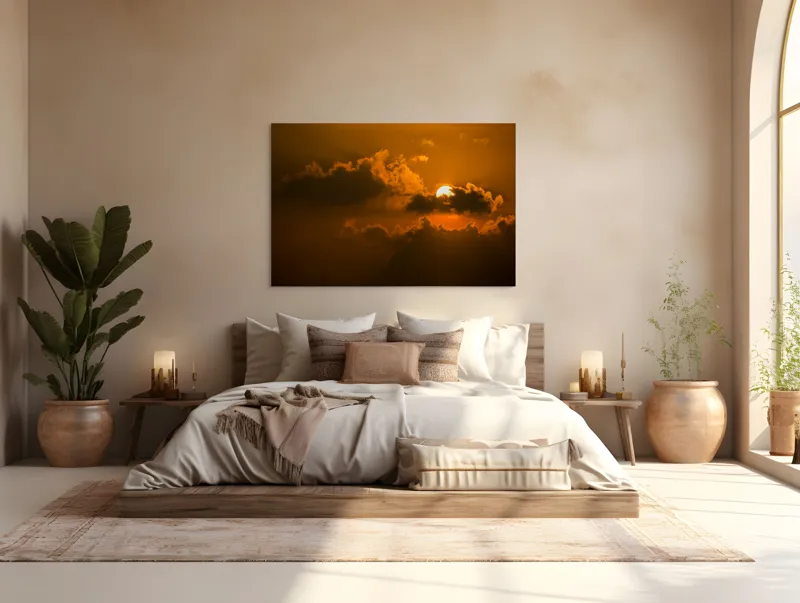Tablou Canvas, "Soarele ascuns printre nori aurii", Soare, Apus, Nori, Cer, Portocaliu, Umbre, Lumină, Strălucire, Oglindire, Natură, 150 x 100 cm – poza 4