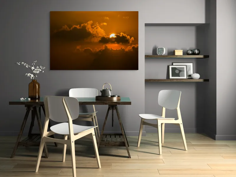Tablou Canvas, "Soarele ascuns printre nori aurii", Soare, Apus, Nori, Cer, Portocaliu, Umbre, Lumină, Strălucire, Oglindire, Natură, 150 x 100 cm – poza 5