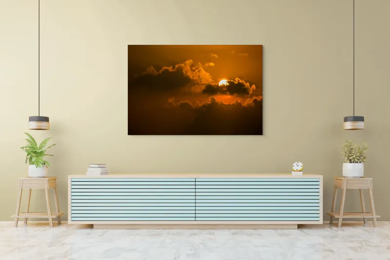 Tablou Canvas, "Soarele ascuns printre nori aurii", Soare, Apus, Nori, Cer, Portocaliu, Umbre, Lumină, Strălucire, Oglindire, Natură, 150 x 100 cm – poza 6