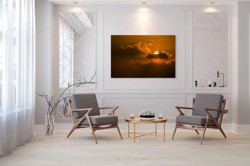 Tablou Canvas, "Soarele ascuns printre nori aurii", Soare, Apus, Nori, Cer, Portocaliu, Umbre, Lumină, Strălucire, Oglindire, Natură, 150 x 100 cm – poza 7