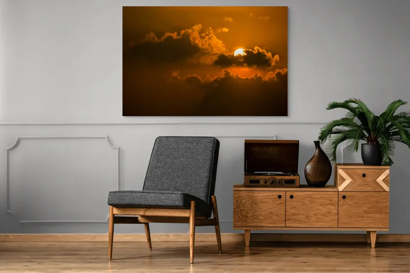 Tablou Canvas, "Soarele ascuns printre nori aurii", Soare, Apus, Nori, Cer, Portocaliu, Umbre, Lumină, Strălucire, Oglindire, Natură, 150 x 100 cm – poza 8
