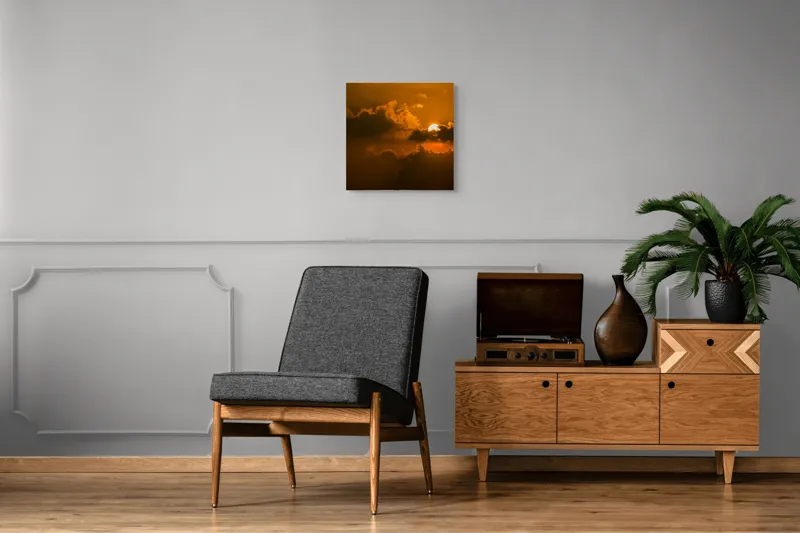 Tablou Canvas, "Soarele ascuns printre nori aurii", Soare, Apus, Nori, Cer, Portocaliu, Umbre, Lumină, Strălucire, Oglindire, Natură, 50 x 50 cm – poza 6