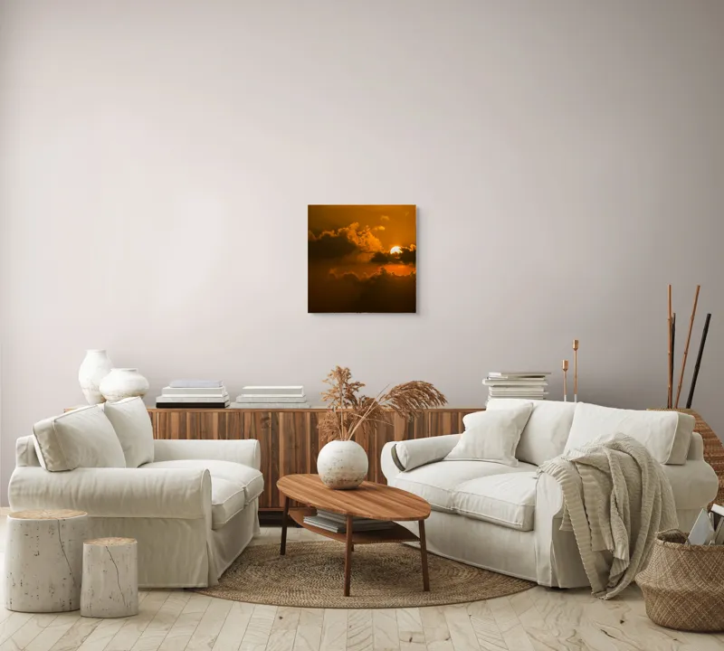 Tablou Canvas, "Soarele ascuns printre nori aurii", Soare, Apus, Nori, Cer, Portocaliu, Umbre, Lumină, Strălucire, Oglindire, Natură, 50 x 50 cm – poza 7
