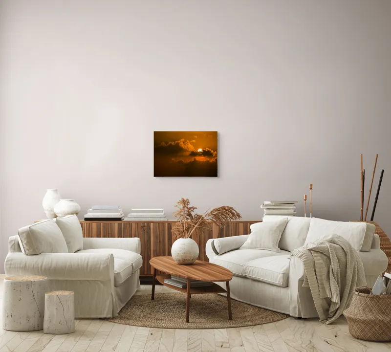 Tablou Canvas, "Soarele ascuns printre nori aurii", Soare, Apus, Nori, Cer, Portocaliu, Umbre, Lumină, Strălucire, Oglindire, Natură, 54 x 39 cm – poza 5