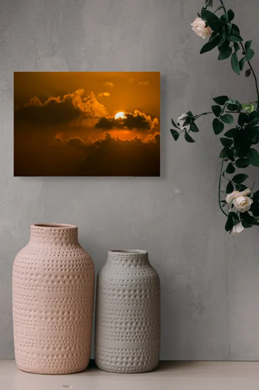 Tablou Canvas, "Soarele ascuns printre nori aurii", Soare, Apus, Nori, Cer, Portocaliu, Umbre, Lumină, Strălucire, Oglindire, Natură, 54 x 39 cm – poza 8