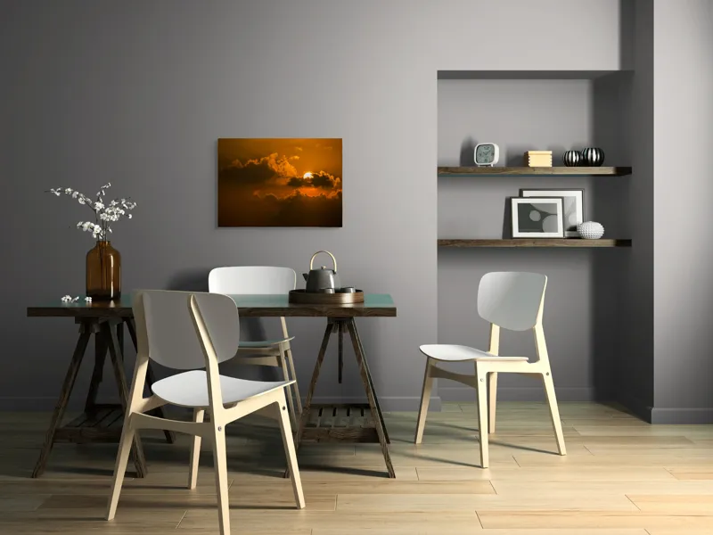 Tablou Canvas, "Soarele ascuns printre nori aurii", Soare, Apus, Nori, Cer, Portocaliu, Umbre, Lumină, Strălucire, Oglindire, Natură, 70 x 50 cm – poza 5
