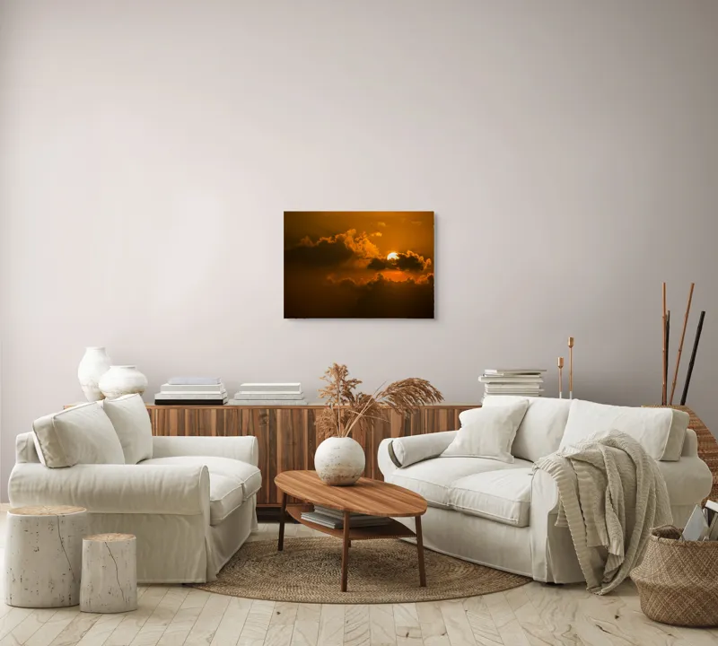 Tablou Canvas, "Soarele ascuns printre nori aurii", Soare, Apus, Nori, Cer, Portocaliu, Umbre, Lumină, Strălucire, Oglindire, Natură, 70 x 50 cm – poza 6